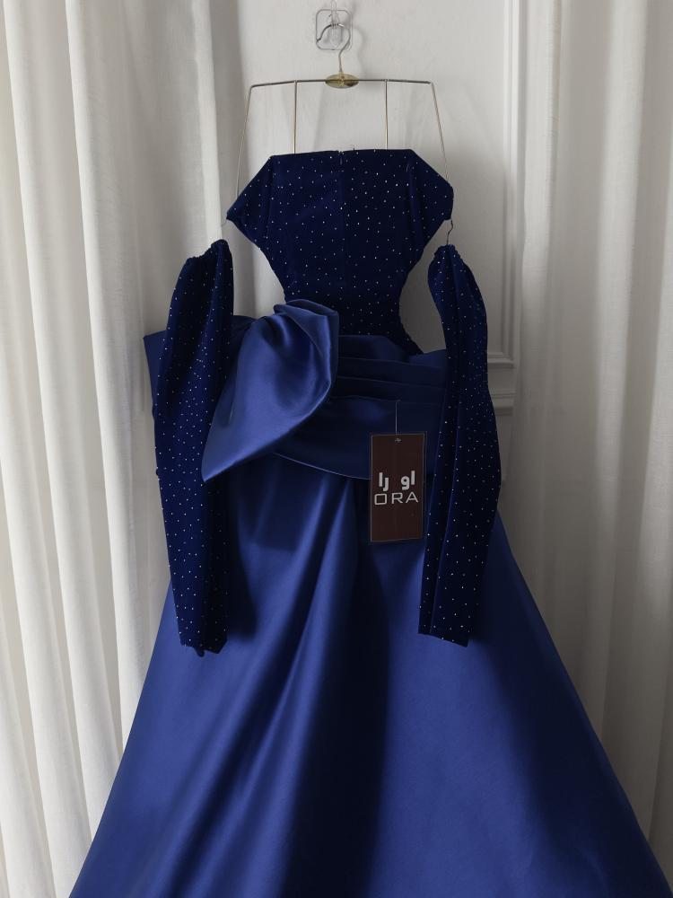 Navy blue dress with a wool bodice and Mikado waist pleats and frills