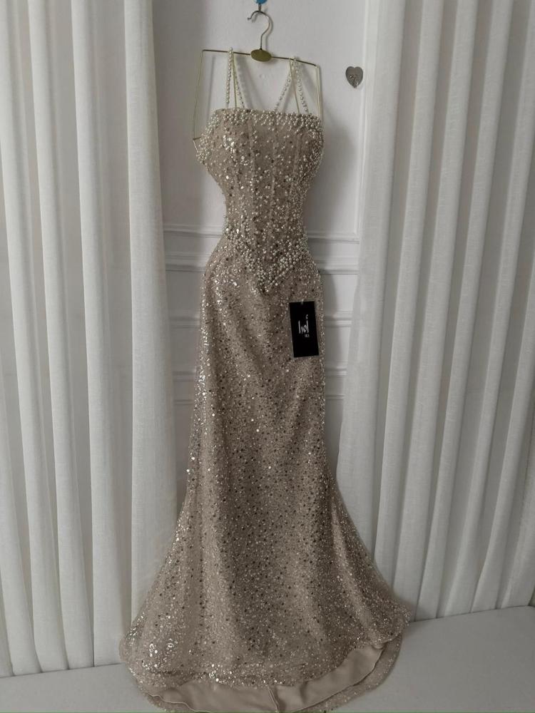 Beige Karadena Sequin and Lulu Dress