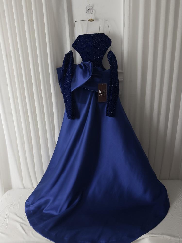 Navy blue dress with a wool bodice and Mikado waist pleats and frills