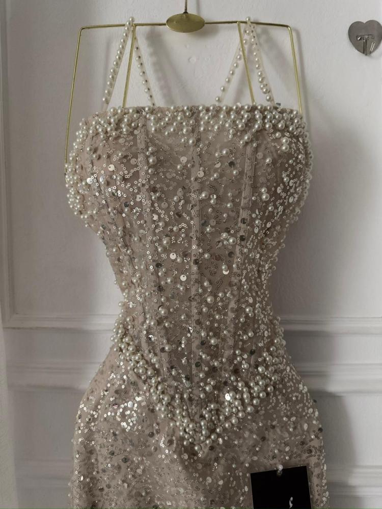 Beige Karadena Sequin and Lulu Dress
