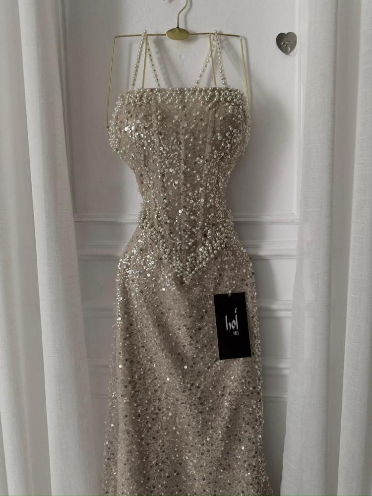 Beige Karadena Sequin and Lulu Dress