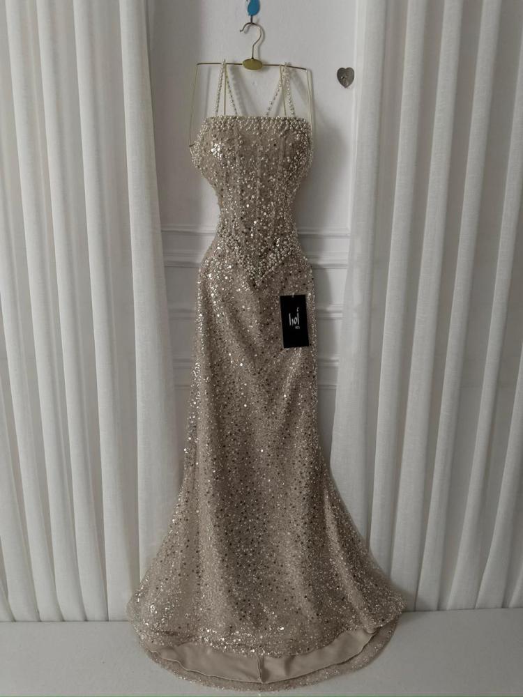 Beige Karadena Sequin and Lulu Dress