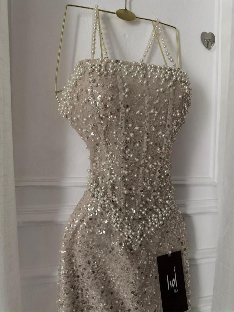 Beige Karadena Sequin and Lulu Dress