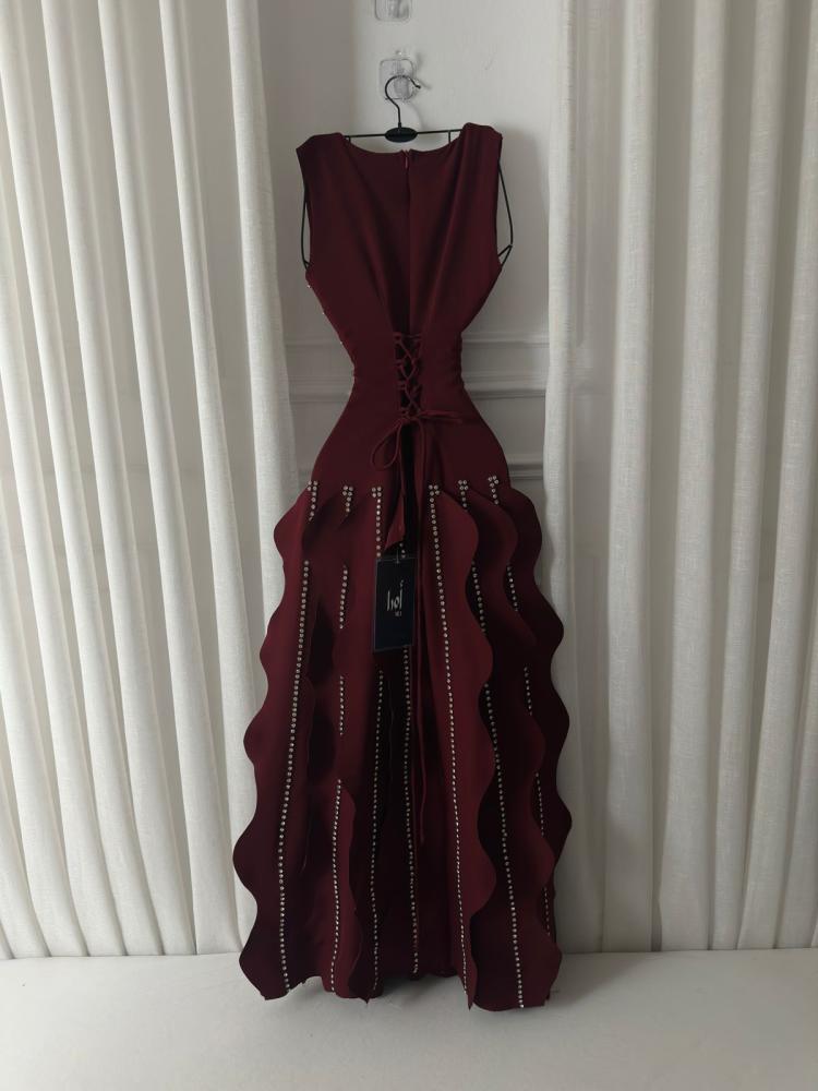 Burgundy Barbie dress with laser cutting and embroidery