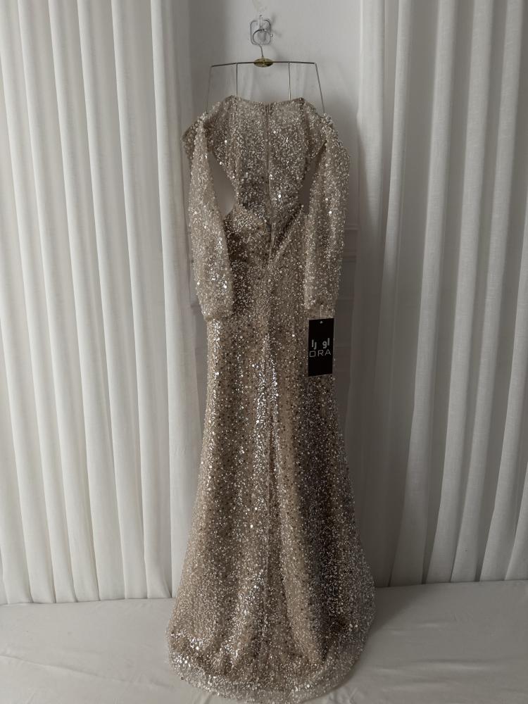 Beige dress with original sequin trim and pearl embroidery