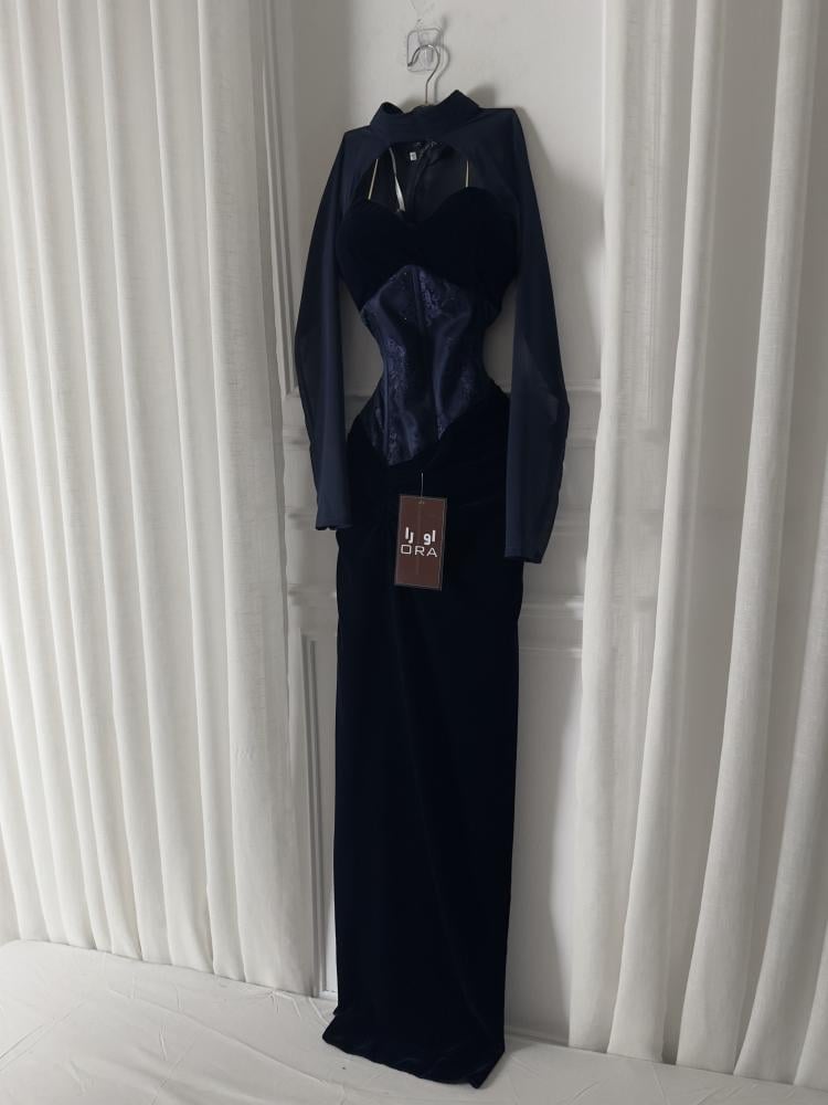 Navy blue velvet dress with felt, lace, and georgette sleeves