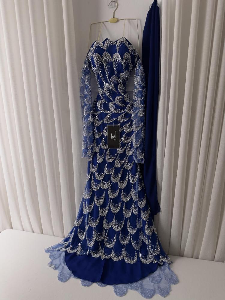 Navy blue sequined evening dress with detachable sleeves and georgette shawl