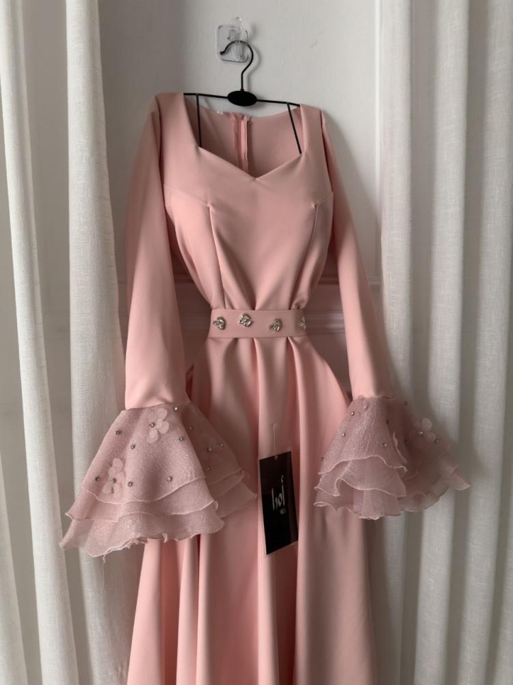 Pink Barbie dress with organza flared sleeves and hand embroidery