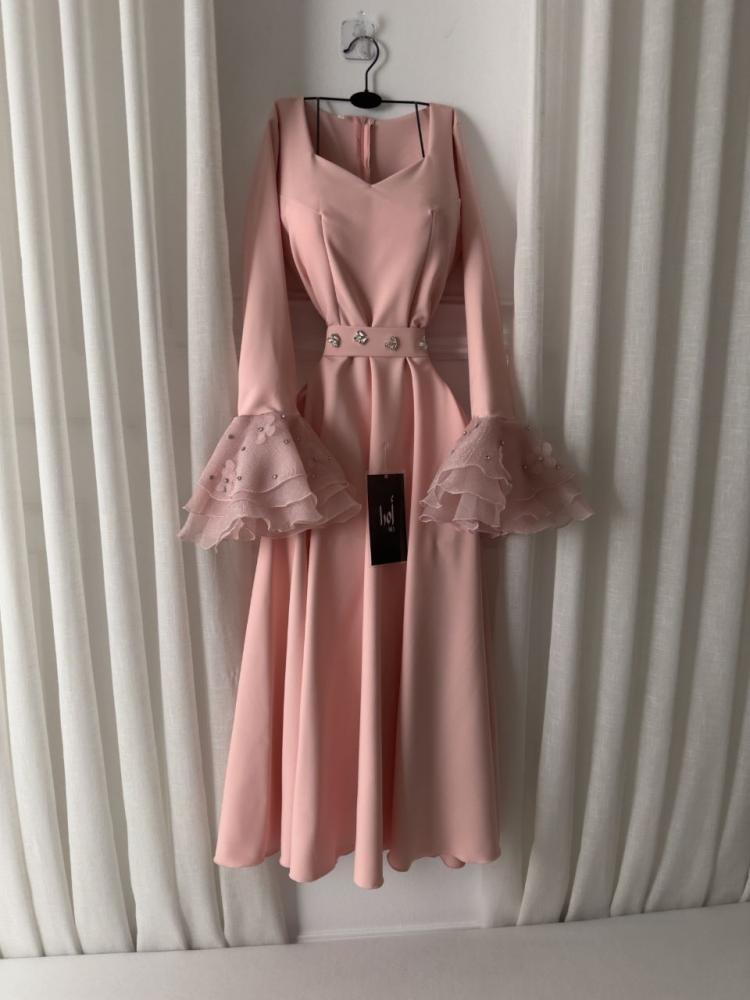Pink Barbie dress with organza flared sleeves and hand embroidery