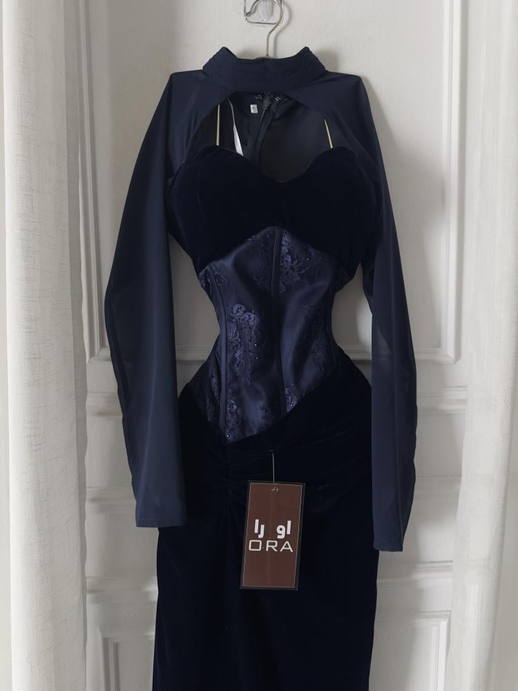 Navy blue velvet dress with felt, lace, and georgette sleeves