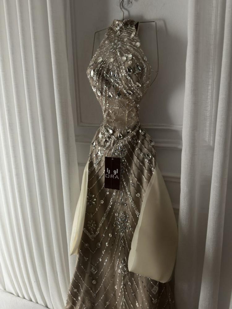 A beige dress adorned with genuine crystals, a frill, and a shimmering butcher's train.
