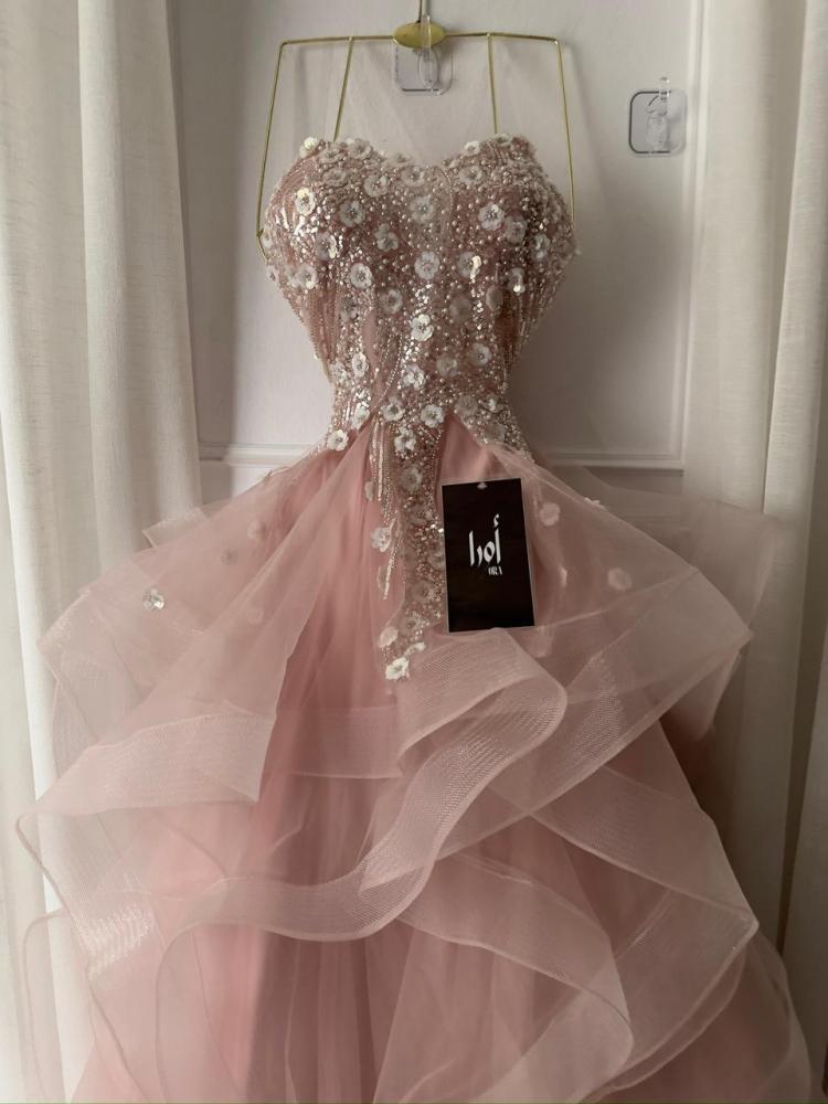 Pink dress, embroidered bodice, evening wear, pleated, tulle, Taiwanese, Turkish petticoat