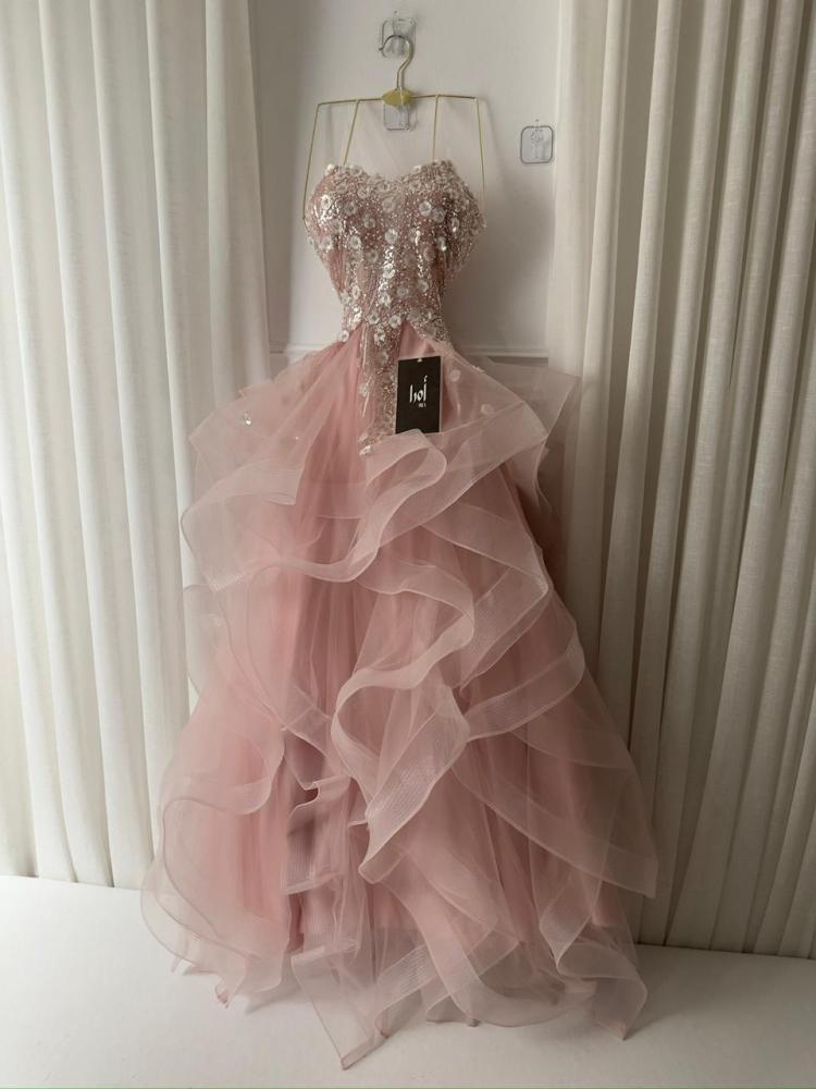 Pink dress, embroidered bodice, evening wear, pleated, tulle, Taiwanese, Turkish petticoat