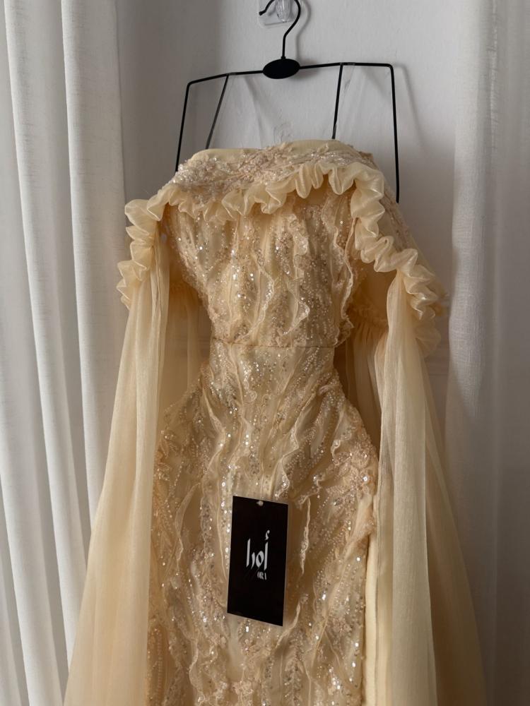 A gold dress with embroidered details, long crinkle sleeves