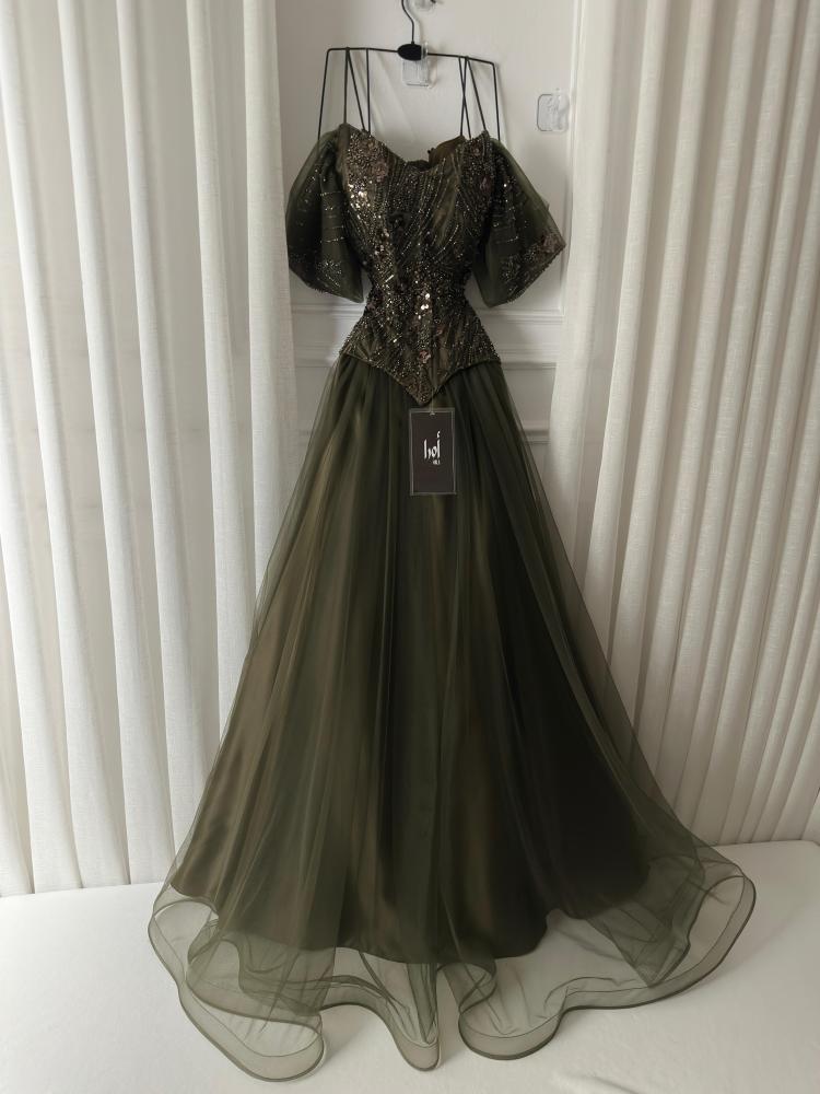 Olive green dress with a sequined bodice, evening wear, and Taiwanese tulle double flared skirt.