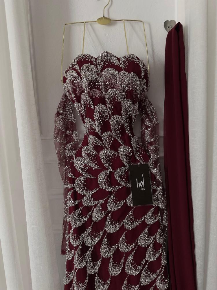 Burgundy evening dress with silver embellishments, detachable sleeves, georgette shawl