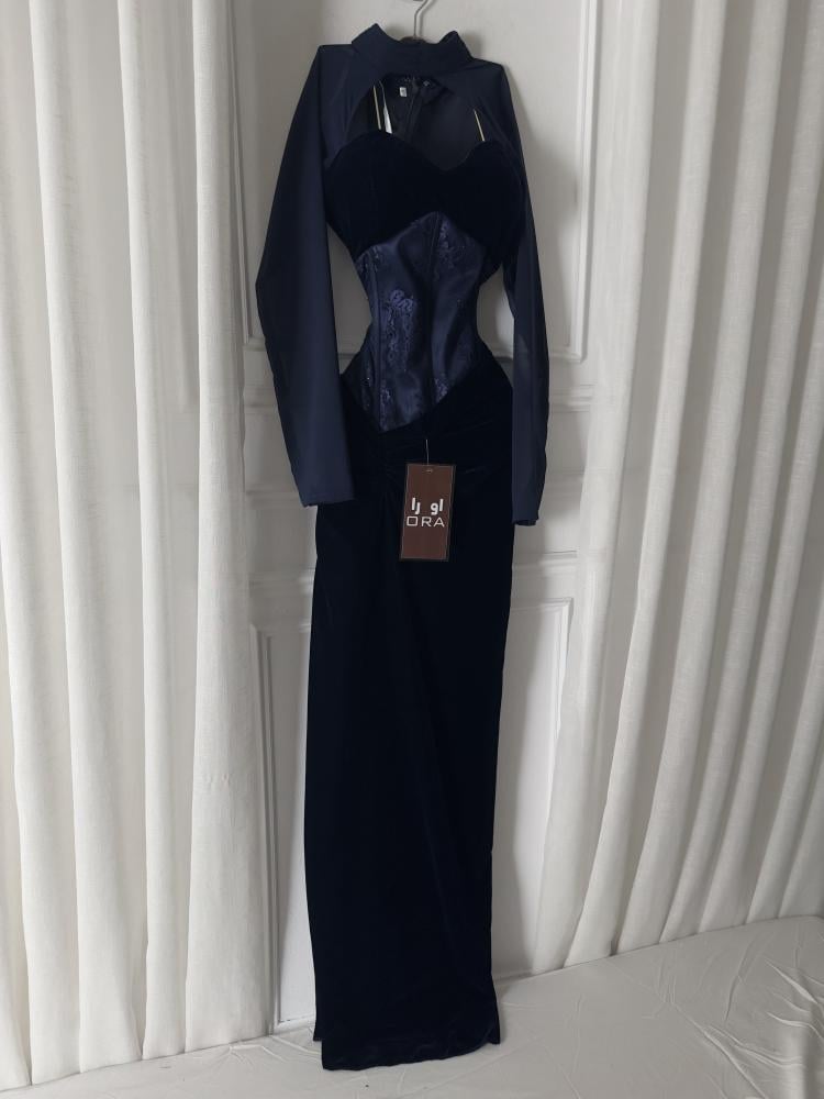 Navy blue velvet dress with felt, lace, and georgette sleeves