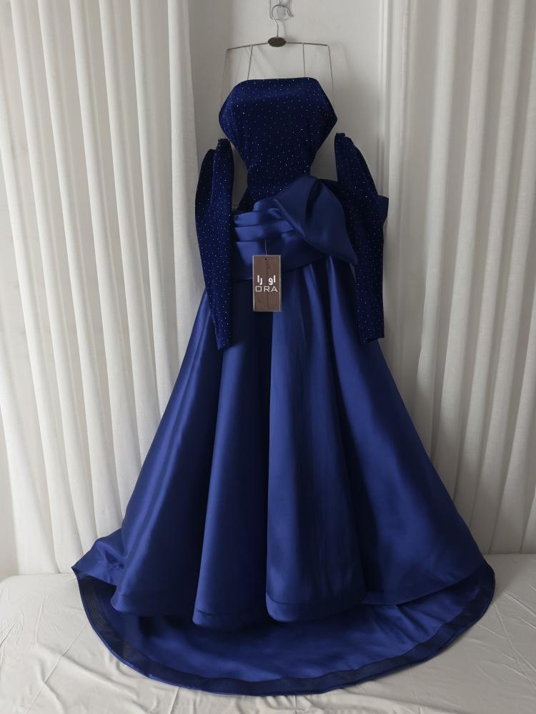 Navy blue dress with a wool bodice and Mikado waist pleats and frills