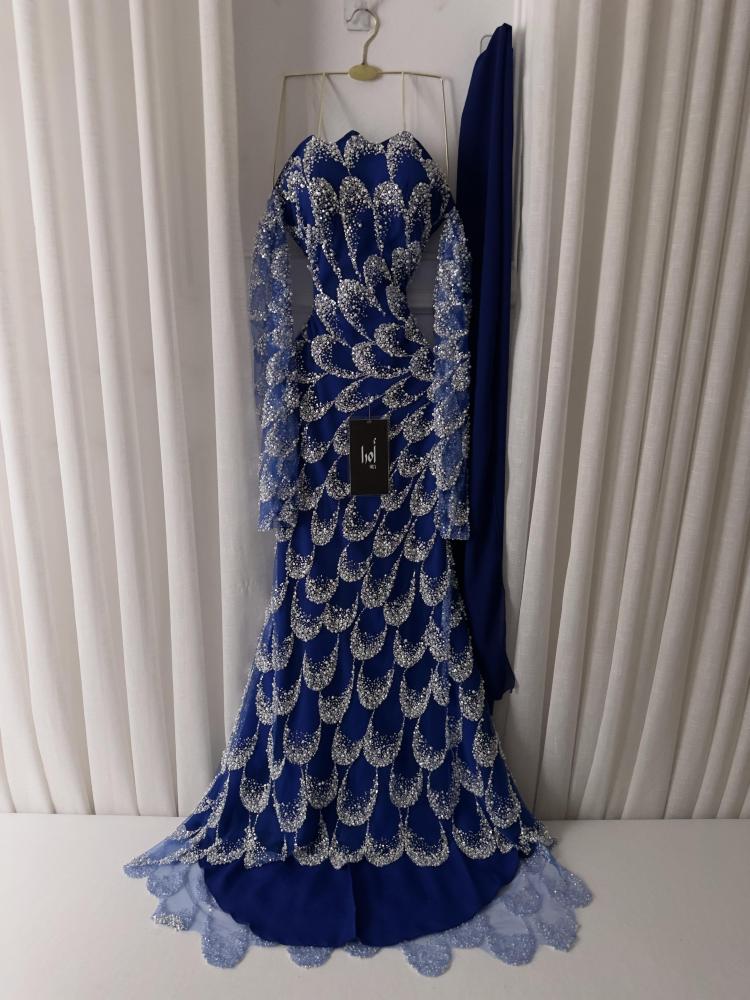 Navy blue sequined evening dress with detachable sleeves and georgette shawl