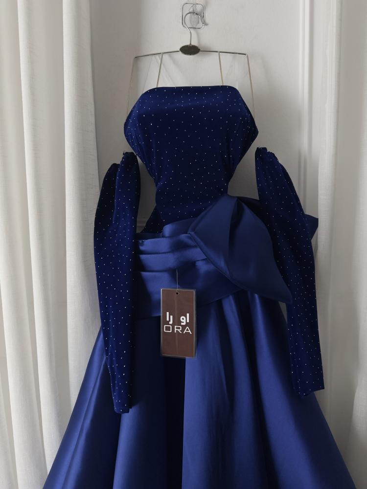 Navy blue dress with a wool bodice and Mikado waist pleats and frills