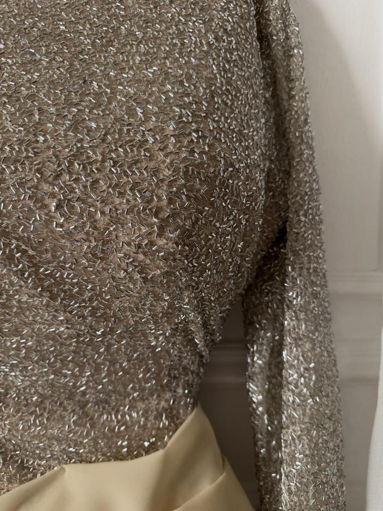 Beige dress with a sequined bodice, evening wear, pleated georgette, and Barbie-style skirt.