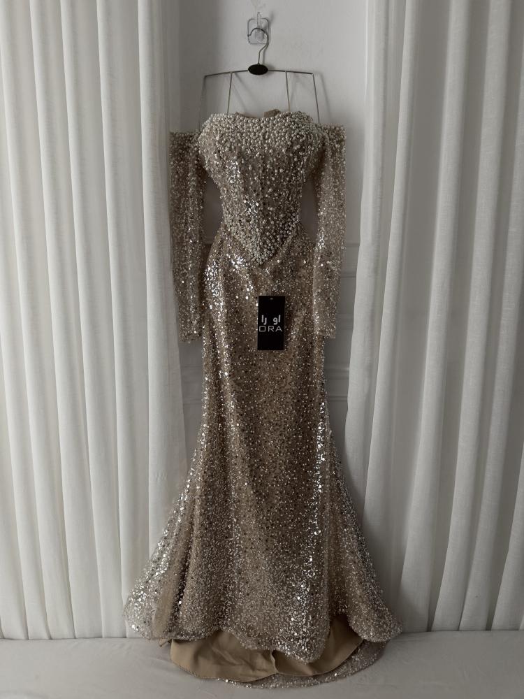 Beige dress with original sequin trim and pearl embroidery