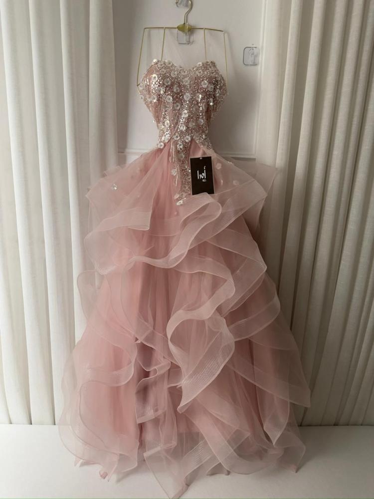 Pink dress, embroidered bodice, evening wear, pleated, tulle, Taiwanese, Turkish petticoat