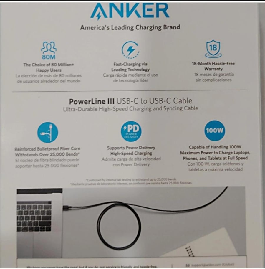 عدد 15 سلك شاحن بلاستيكي من أنكر anker بقوة 100واط تايب سي _ تايب سي بطول 6 قدم 1.8 متر ضمان 18 شهر