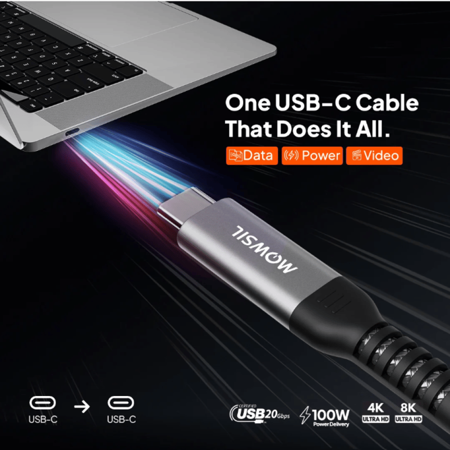 كابل توصيل وشحن سريع احترافي من Type-C إلى Type-C يدعم نقل الفيديو بدقة 4K وقدرة 100 واط