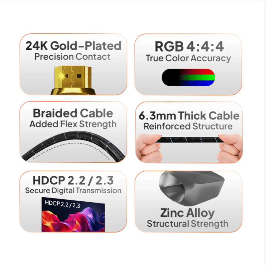 كابل توصيل HDMI فائقة السرعة بدقة 8K مع معيار 2.1 وطول 2 متر للشاشات والأنظمة المتقدمة