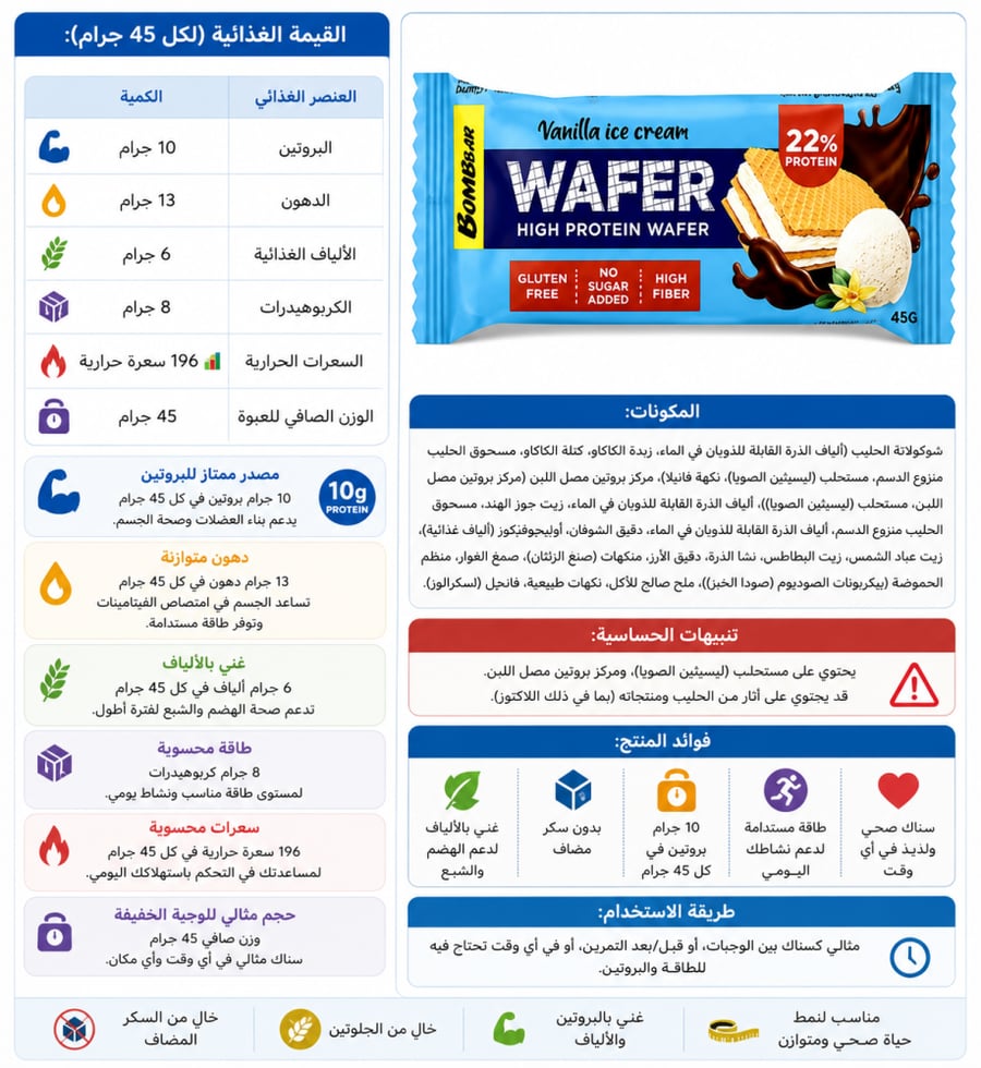 باكت بومبار بروتين ويفر الشوكولاتة بالايس كريم الفانيلا 45 جرام 20 حبة