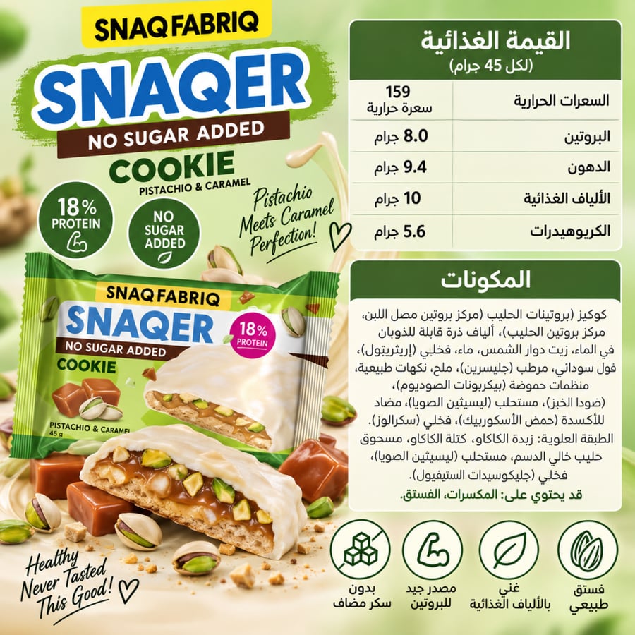 سناك فابريك كوكيز بنكهه الباستشيو و الكراميل 45 جم