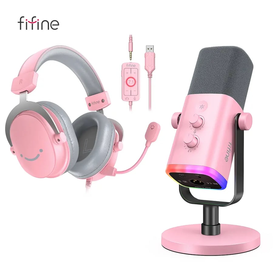 سماعة وميكروفون FIFINE للألعاب والبث مع إضاءة RGB وتحكم في الكسب