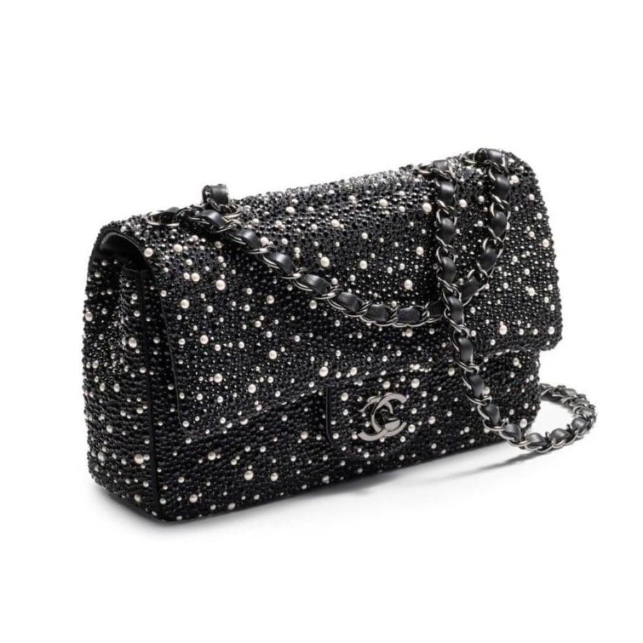 ChBa33-Chanel evening bag Strass crystal pearls ruthenium-finish metal