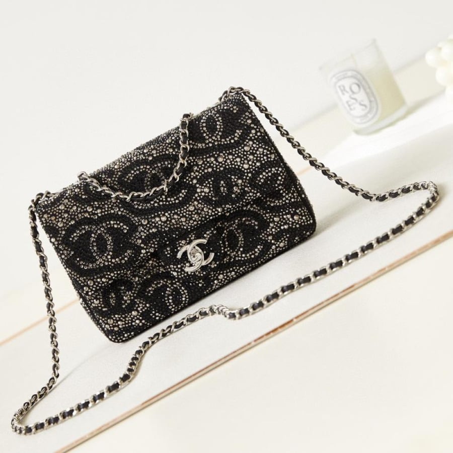 ChBa18-Chanel Black Tweed and Strass Crystal Paris Medium Flap Bag