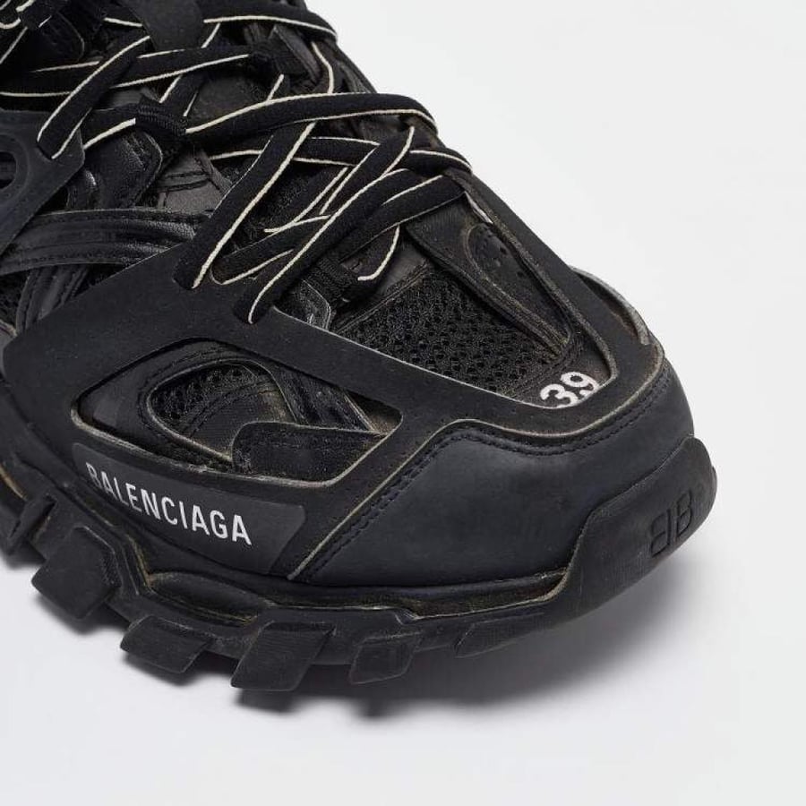 BalSh6 Balenciaga Black Faux Leather and Mesh Track Sneakers