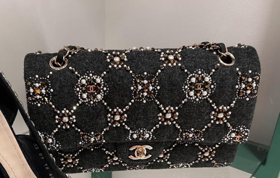 Chanel black Pearl & Crystal Classic Double Flap Shoulder Bag