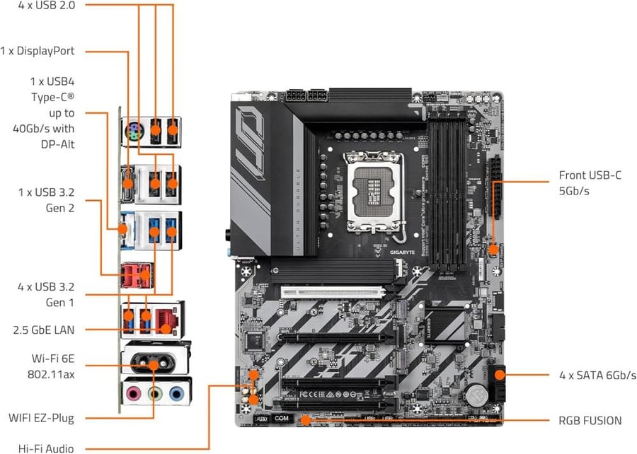 GIGABYTE Z890 UD WIFI6E Intel Core Ultra (Series 2) LGA 1851 Motherboard, ATX, DDR5, 3X M.2, PCIe 5.0, Front USB Type-C, WIFI6E, 2.5GbE LAN, EZ-Latch