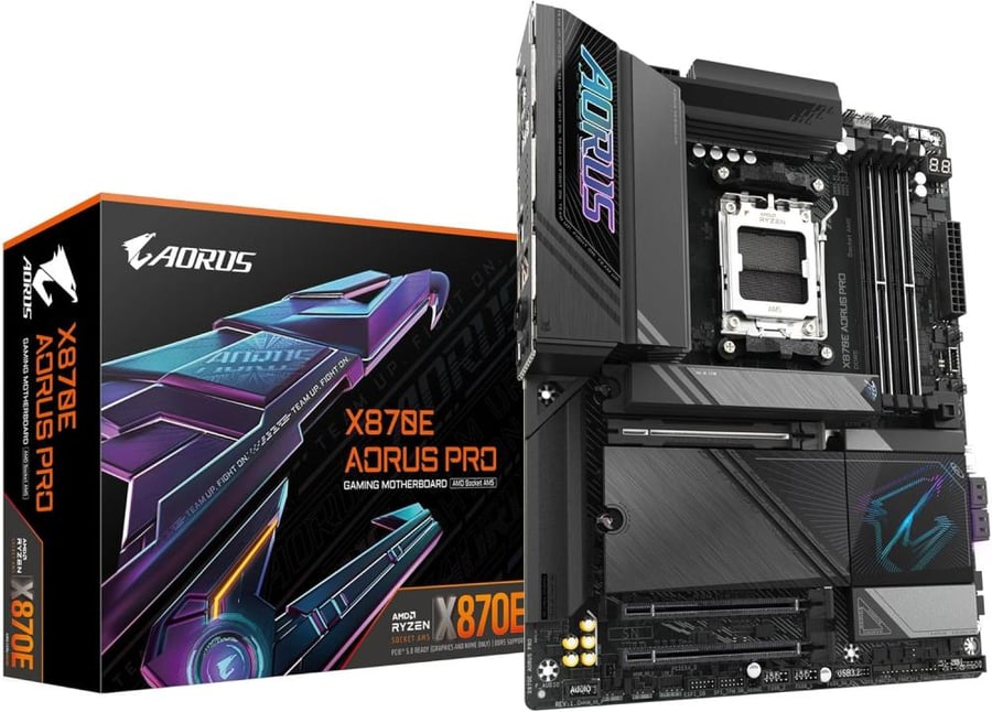 GIGABYTE X870E AORUS PRO Motherboard - Supports AMD Ryzen 9000 CPUs, 16+2+2 Phase Digital VRM, up to 8000MHz DDR5 (OC), 3xPCIe 5.0, Wi-Fi 7, 2.5GbE LAN, USB 4