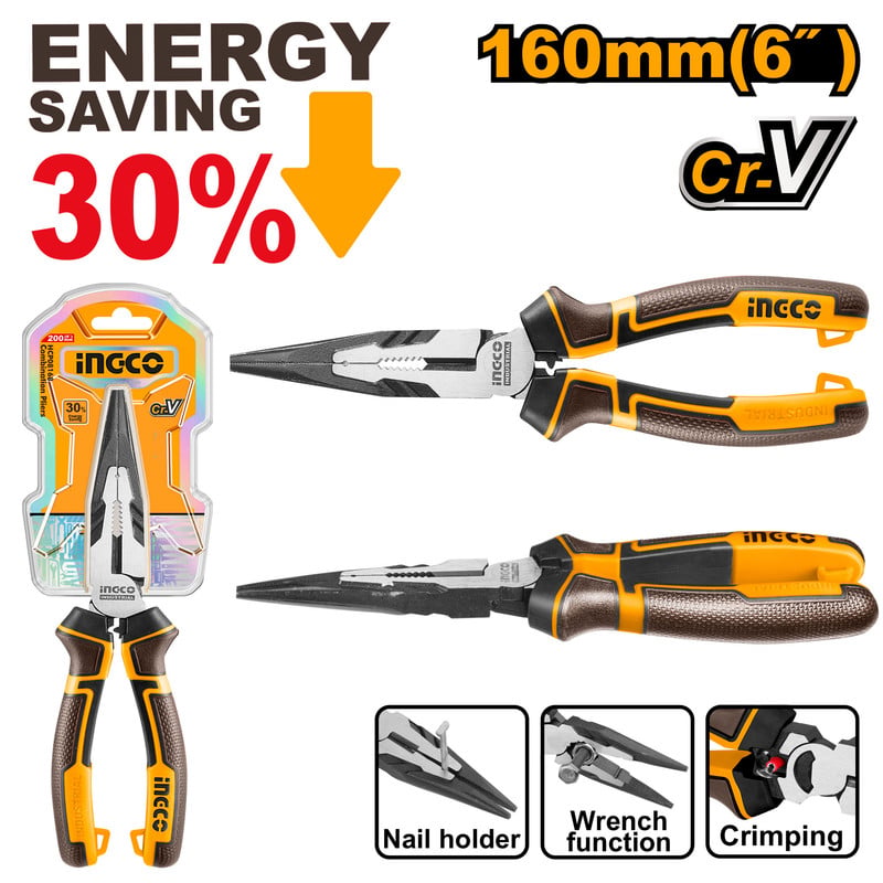 زرادية بوز طويلة شديدة التحمل إنكو INGCO 6 بوصة 160 ملم Cr-V High Leverage Long Nose Pliers 6" — HHLNP28160
