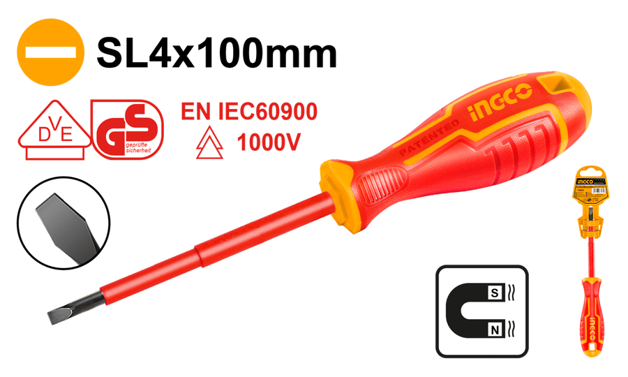 مفك معزول عادي مسطح إنكو INGCO 1000 فولت SL4.0×100 ملم Cr-V — HISD814100