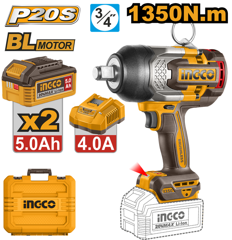 طقم مفتاح عزم ميكانيكي لفك وربط الصواميل بروشليس إنكو INGCO 20 فولت عزم 1350Nm — CIWLI201356