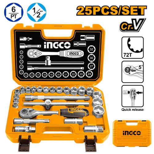 طقم حبة سيستم إنكو INGCO 25 قطعة مقاس 1/2 بوصة مع حقيبة صلبة كروم فاناديوم 25 Pcs 1/2" Socket Set — HKTS12251