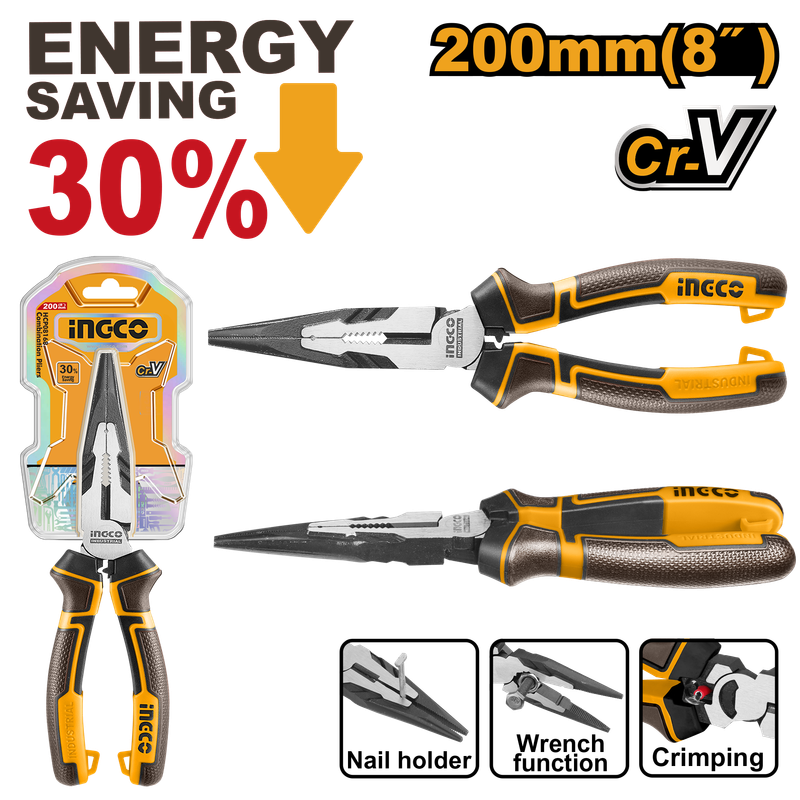 زرادية بوز طويلة شديدة التحمل إنكو INGCO 8 بوصة 200 ملم Cr-V High Leverage Long Nose Pliers 8" — HHLNP28200