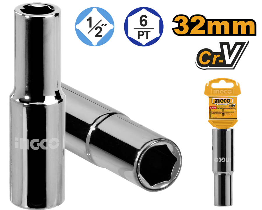حبة لقمة سداسي عميق إنكو INGCO 32 ملم مدخل 1/2 بوصة Cr-V 1/2" Dr. Deep 6pt. Socket 32mm — HHAST12323L