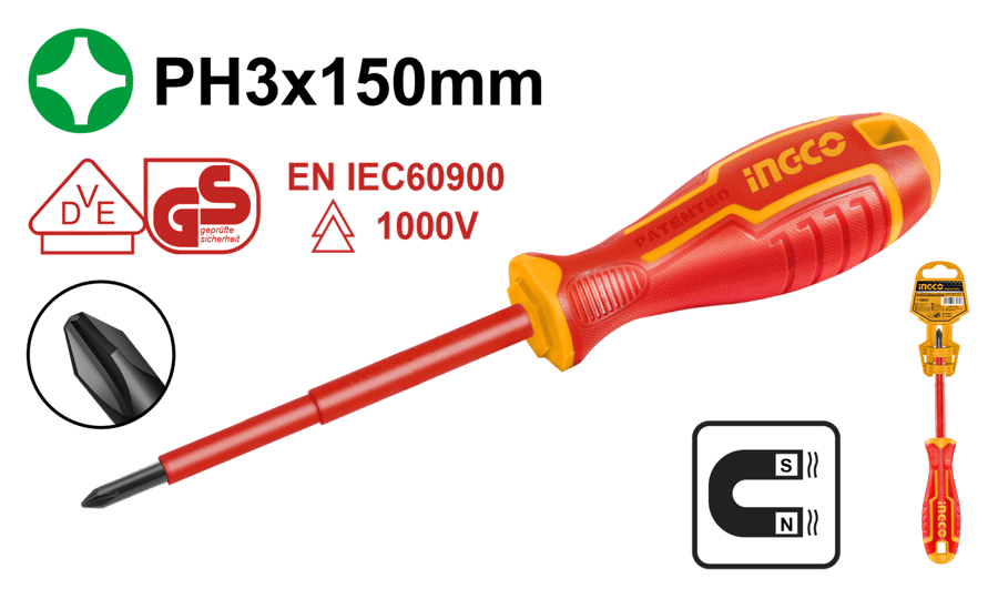 مفك معزول صليبة فليبس إنكو INGCO 1000 فولت PH3×150 ملم Cr-V — HISD81PH3150