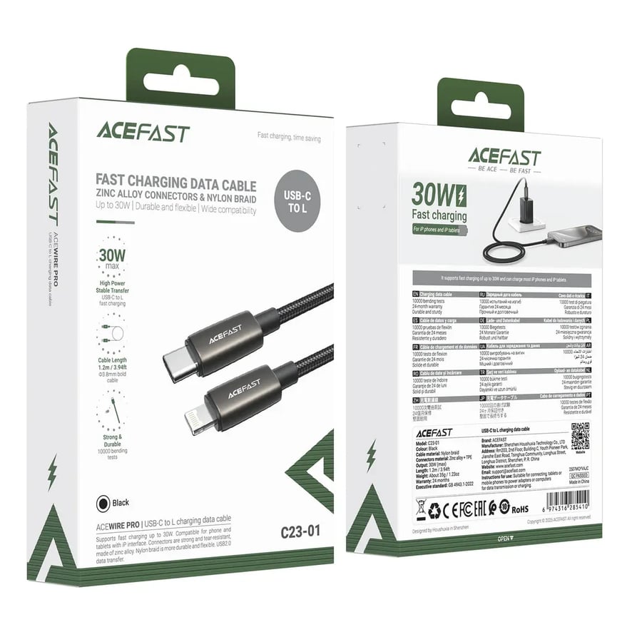 كيبل USB-C إلى Lightning بسرعة 30W – نايلون مجدول ورؤوس سبائك الزنك ACEFAST C23-01