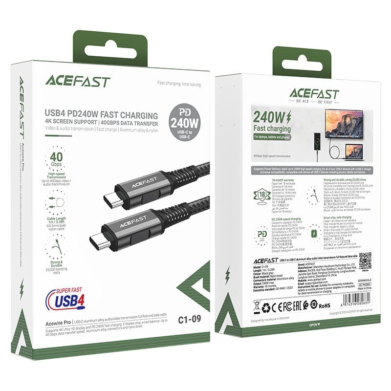 كيبل تايب سي ايس فاست C1-09 USB-C إلى USB-C 240W 40Gbps 4K