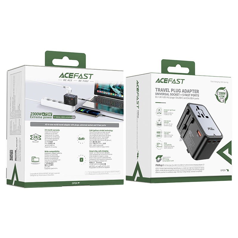 محول شحن وسفر عالمي ايس فاست (ACEFAST Z1 PD75W GaN) 5 منافذ + مقبس 2300W