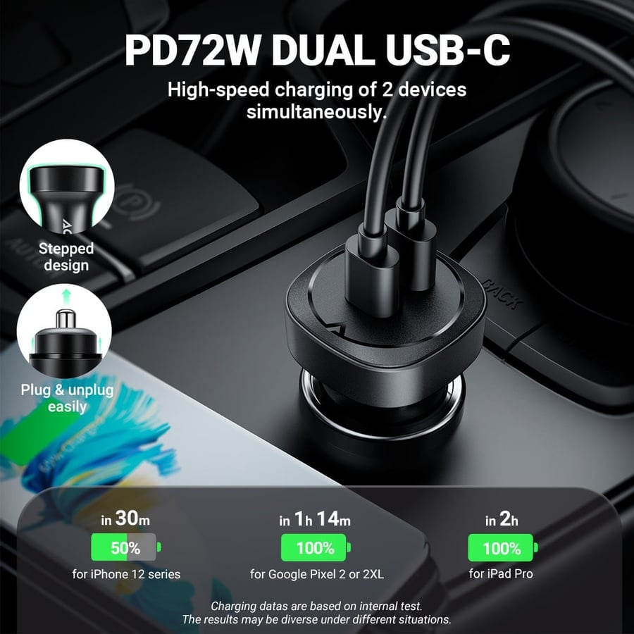 شاحن سيارة تايب سي مزدوج ايس فاست (ACEFAST B2 72W) منفذين USB-C شحن سريع